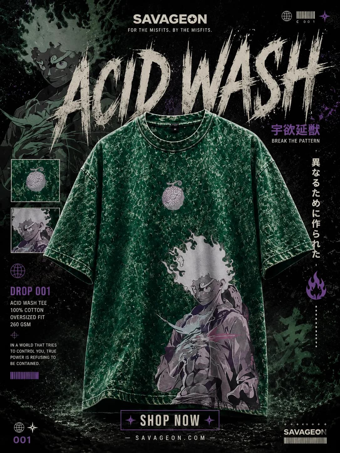 Acid Wash Anime Drop Shoulder — Green Luffy by Savage Store — buy online in Bangladesh Acid Wash Anime Drop Shoulder — Green Luffy Men — Savage Store Bangladesh