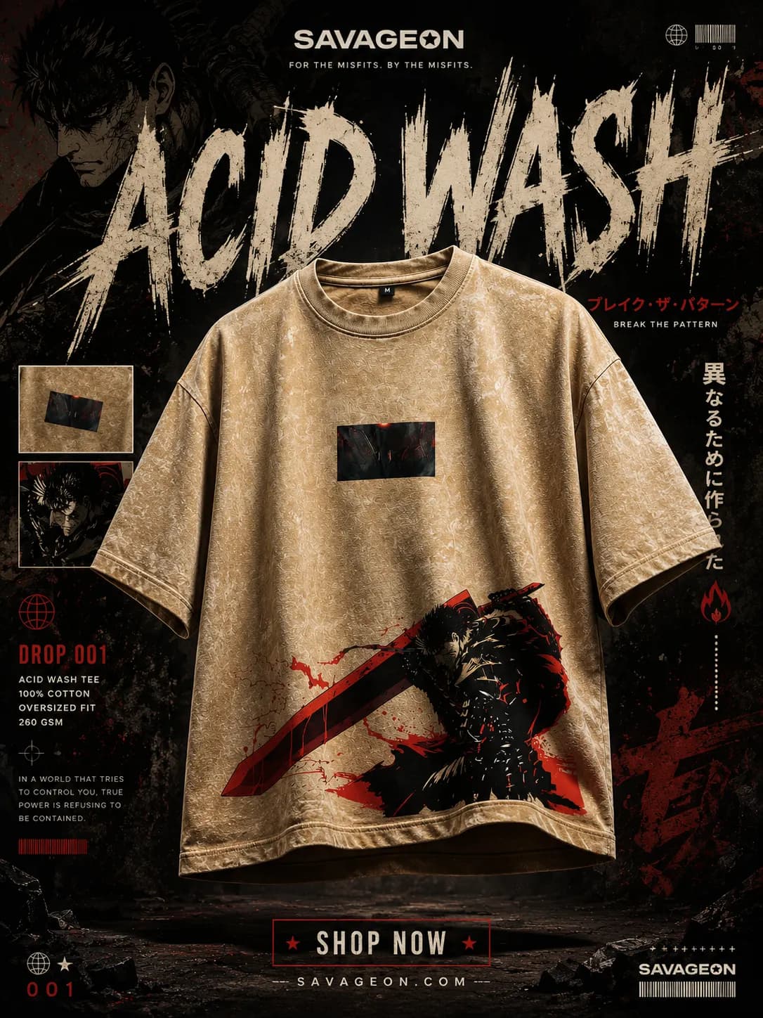 Acid Wash Anime Drop Shoulder — Sand Berserk by Savage Store — buy online in Bangladesh Acid Wash Anime Drop Shoulder — Sand Berserk Men — Savage Store Bangladesh