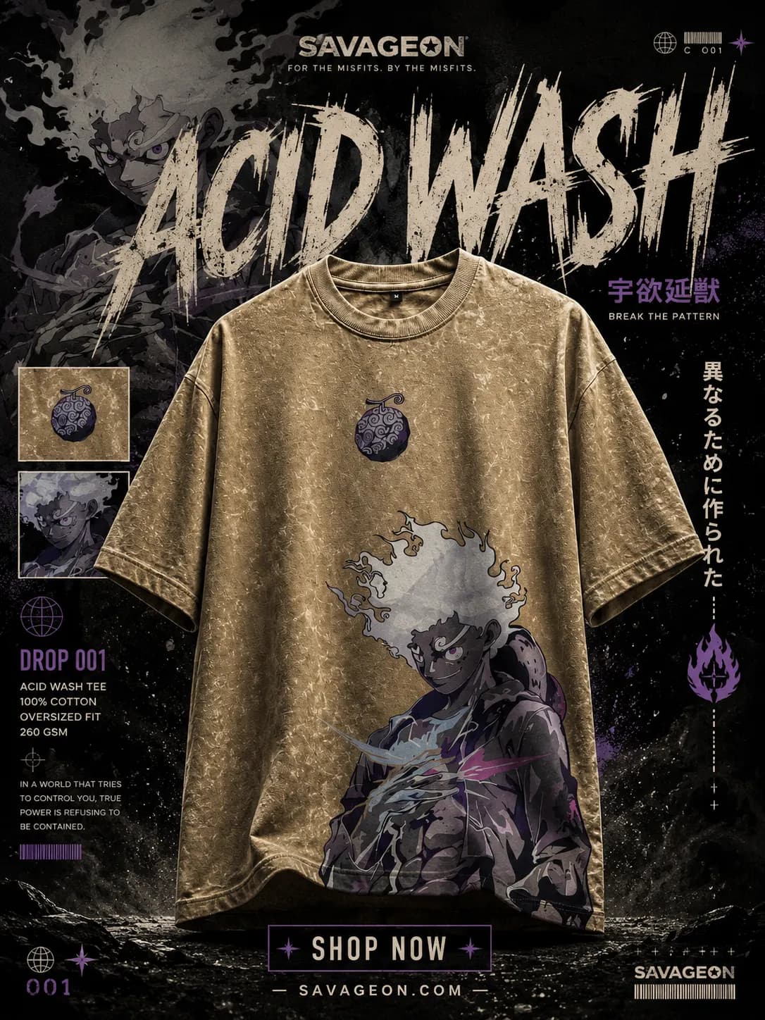 Acid Wash Anime Drop Shoulder — Sand Luffy by Savage Store — buy online in Bangladesh Acid Wash Anime Drop Shoulder — Sand Luffy Men — Savage Store Bangladesh