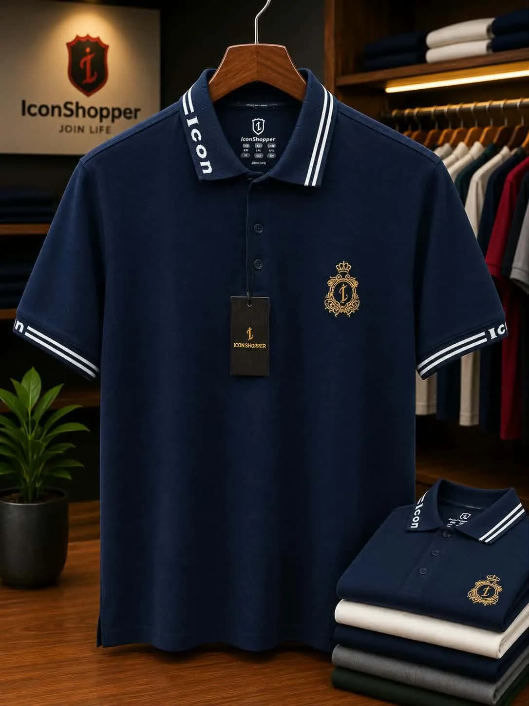 Navy Blue Gold Crest Polo Shirt for Men by IconShopper — buy online in Bangladesh Navy Blue Gold Crest Polo Shirt for Men — IconShopper Bangladesh