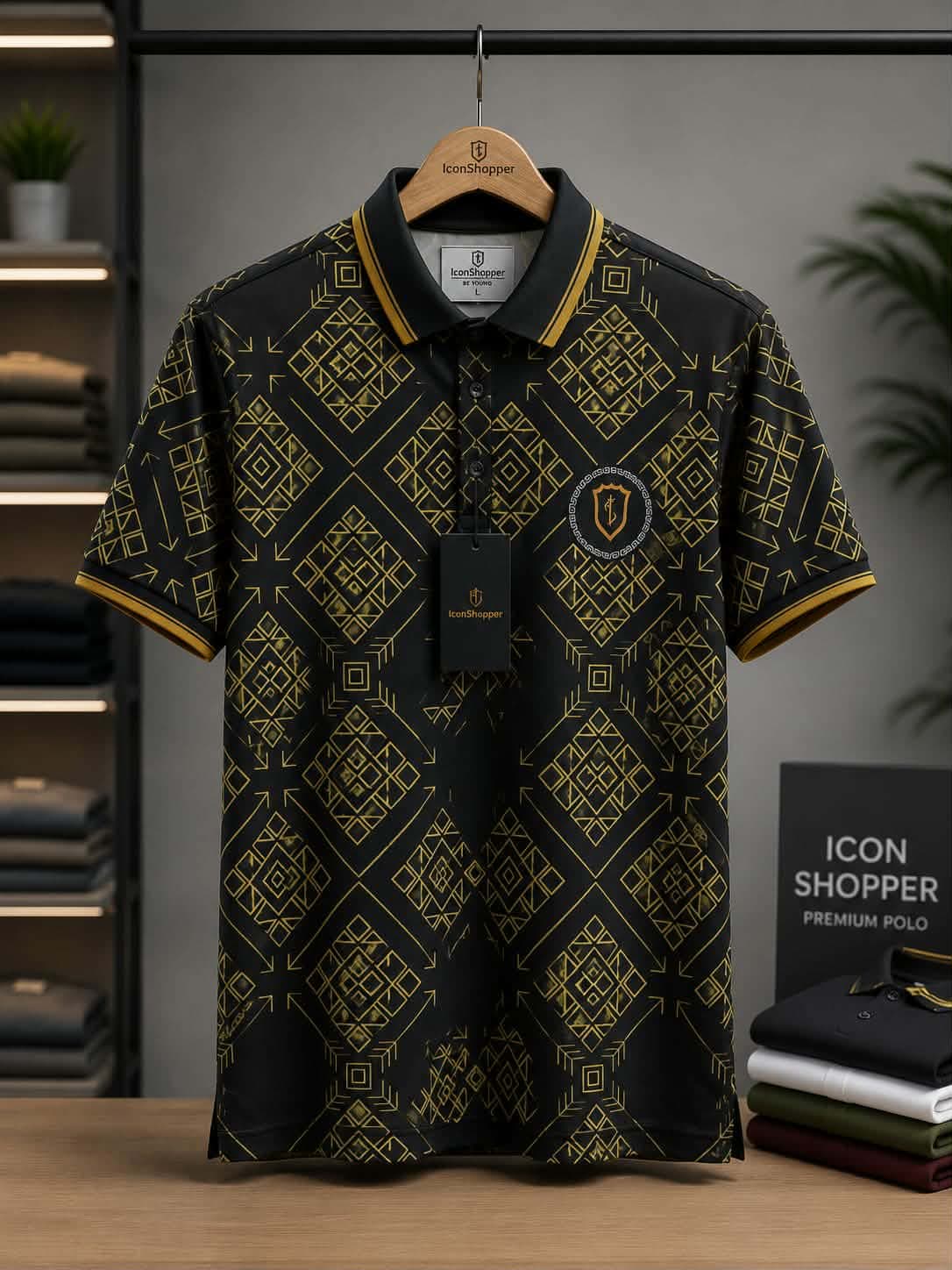 Black & Gold Geometric Print Polo Shirt by IconShopper — buy online in Bangladesh Black & Gold Geometric Print Polo Shirt Men — IconShopper Bangladesh