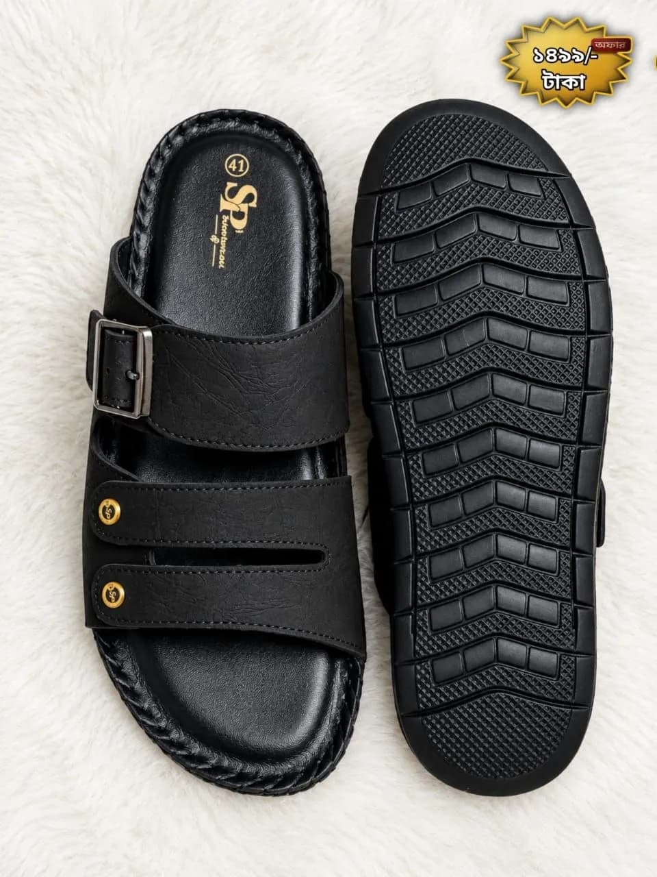 Men's Genuine BOB Leather Double-Strap Slide Sandal – Black, Buckle Detail — Savageon Bangladesh