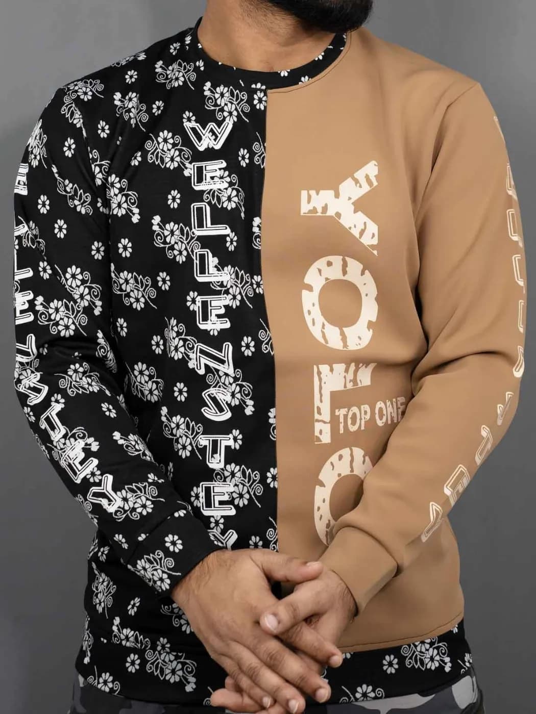 YOLO Top One Floral Split Sweatshirt - Black/Camel by IconShopper — buy online in Bangladesh YOLO Top One Floral Split Sweatshirt - Black/Camel Men — IconShopper Bangladesh