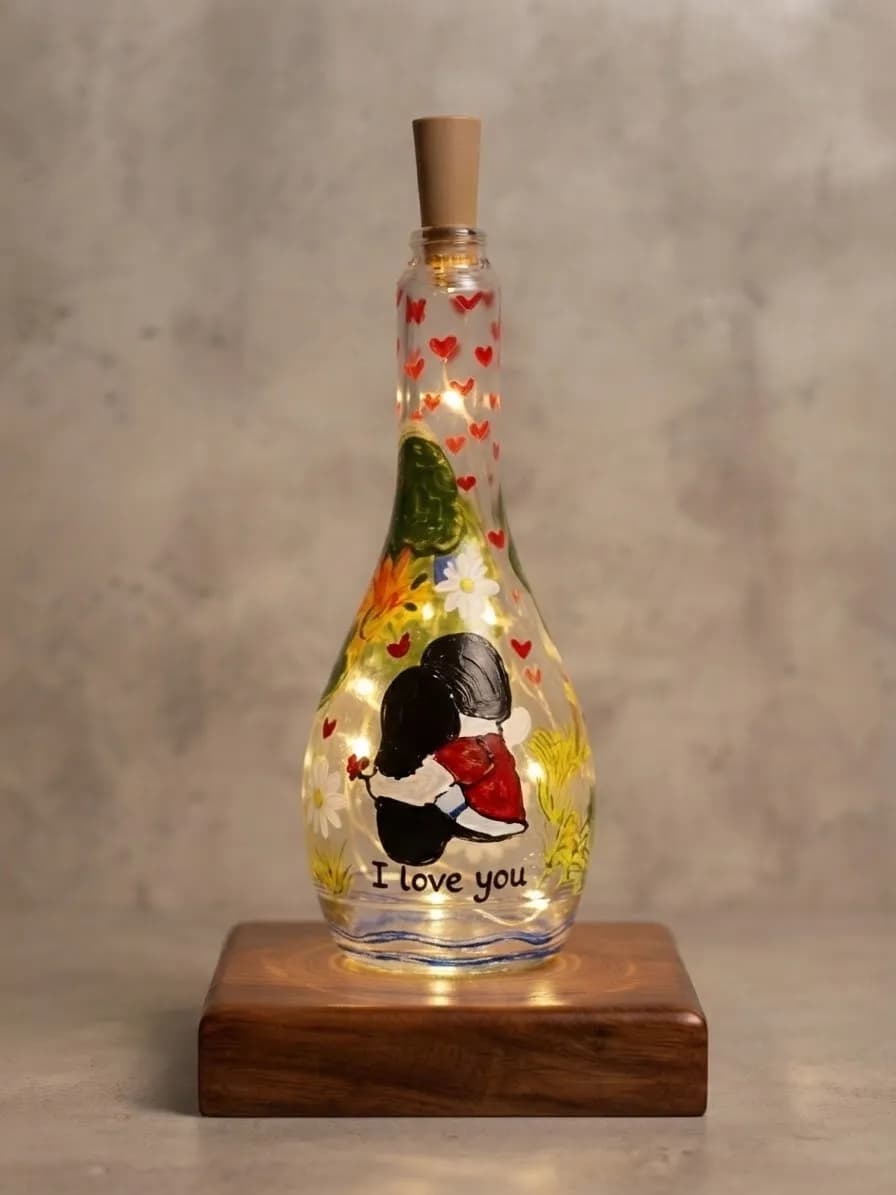 Handpainted Romantic Couple "I Love You" LED Glass Bottle Lamp with fairy lights by Shaon Fashion — buy online in Bangladesh Handpainted Romantic Couple "I Love You" LED Glass Bottle Lamp with fairy lights Home Decor — Shaon Fashion Bangladesh