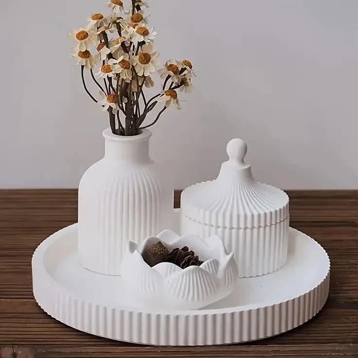 Gypsum Ribbed Vase, Storage Jar, Lotus Bowl & Round Tray Set (4-Piece Combo) — Savageon Bangladesh