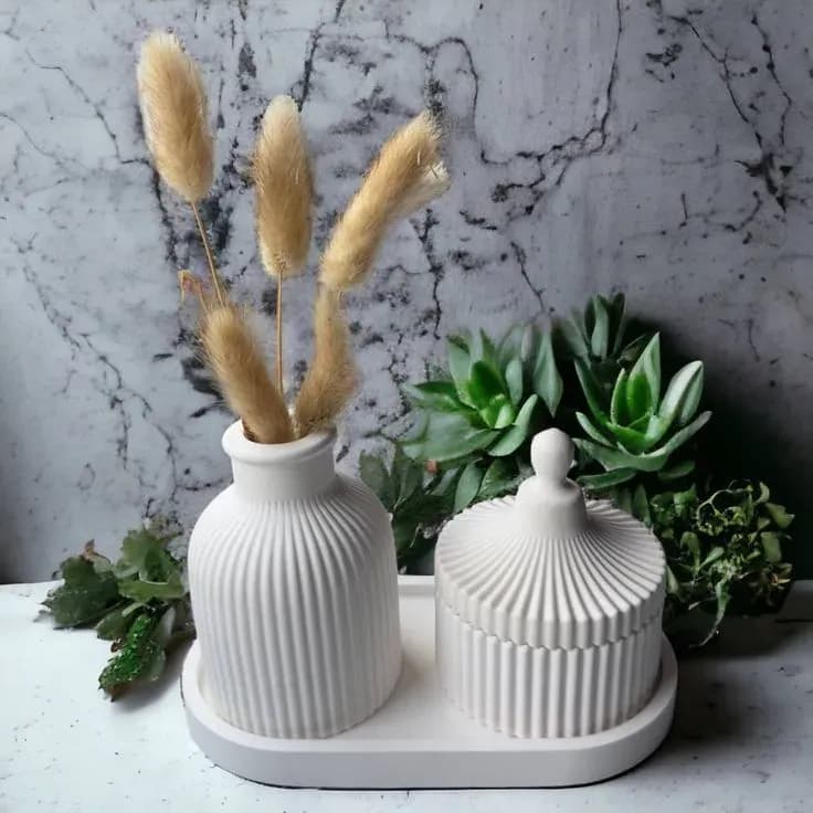 Gypsum Ribbed Vase, Jewelry Jar & Tray Decor Set (3-Piece Combo) by Shaon Fashion — buy online in Bangladesh Gypsum Ribbed Vase, Jewelry Jar & Tray Decor Set (3-Piece Combo) Home Decor — Shaon Fashion Bangladesh