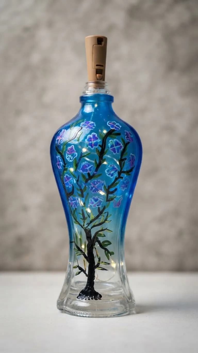 Handpainted Blue Floral Tree LED Glass Bottle Lamp by Shaon Fashion — buy online in Bangladesh Handpainted Blue Floral Tree LED Glass Bottle Lamp Home Decor — Shaon Fashion Bangladesh