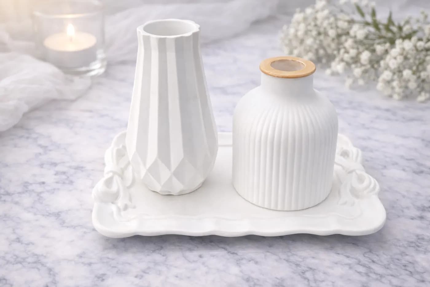 Gypsum Dual Vase & Decorative Tray Set (3-Piece Combo) by Shaon Fashion — buy online in Bangladesh Gypsum Dual Vase & Decorative Tray Set (3-Piece Combo) Home Decor — Shaon Fashion Bangladesh