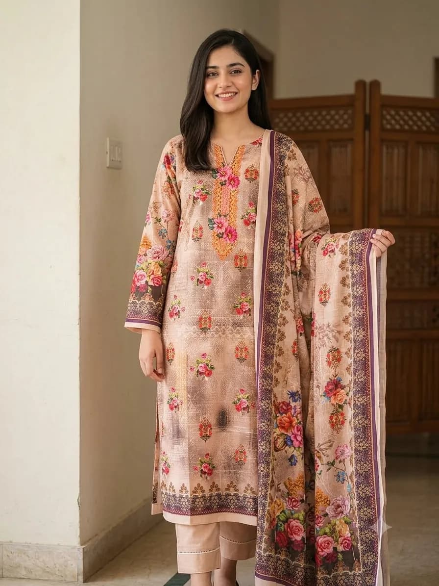 Pakistani Inspired Floral Printed Cotton mix Blend Unstitched 3-Piece Dress — Savageon Bangladesh