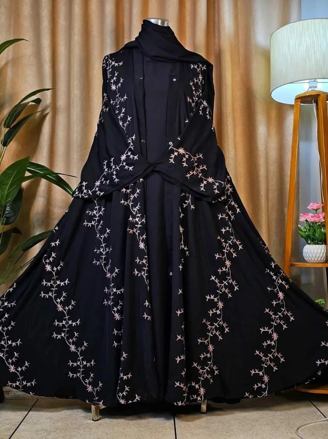 Dubai Imported Premium Cherry Fabric Vine-Embroidered 3-Piece Abaya Set (Inner, Koti & Hijab) — Savageon Bangladesh