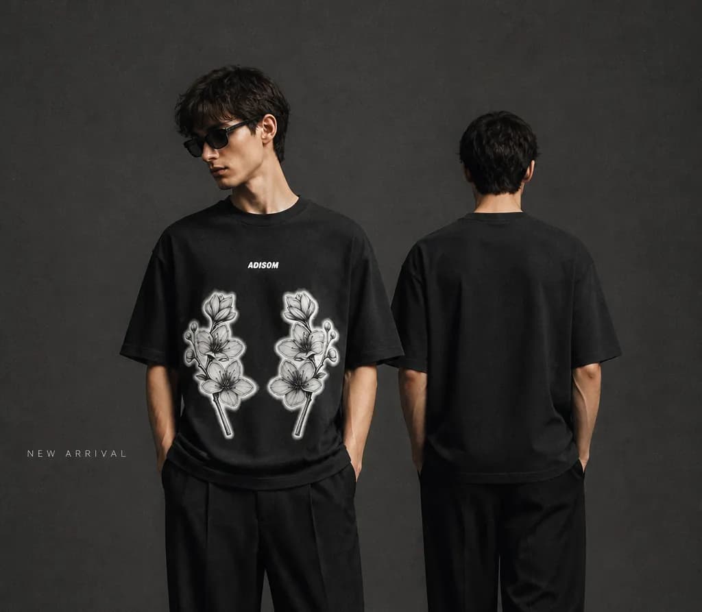 Black Flower Printed Cotton Drop Shoulder T-Shirt | Artistic Design | ADISOM by Adisom — buy online in Bangladesh Black Flower Printed Cotton Drop Shoulder T-Shirt | Artistic Design | ADISOM Men — Adisom Bangladesh
